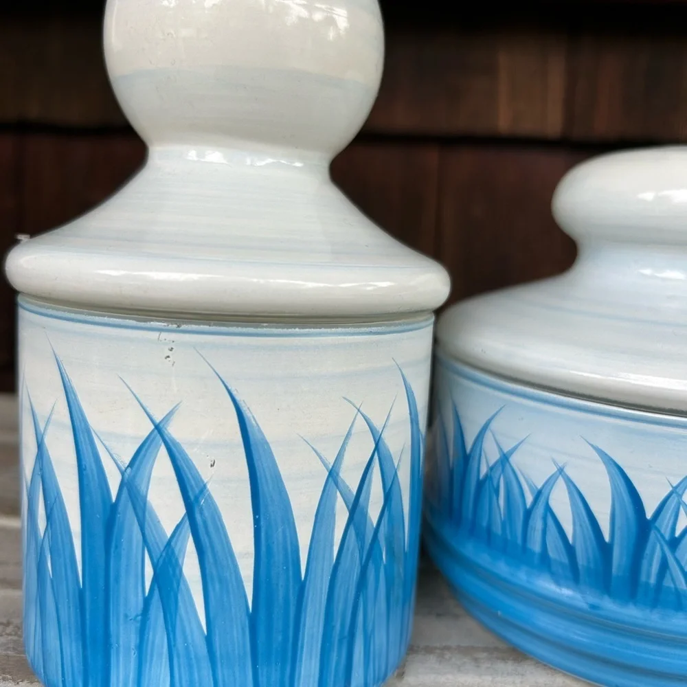 Vintage Blue and White Hand Painted Lidded Glass Jars with Coastal Motiff